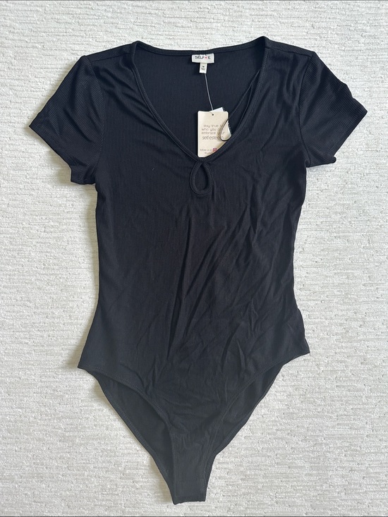 Self E Tops - Black Ribbed Short-Sleeve Bodysuit